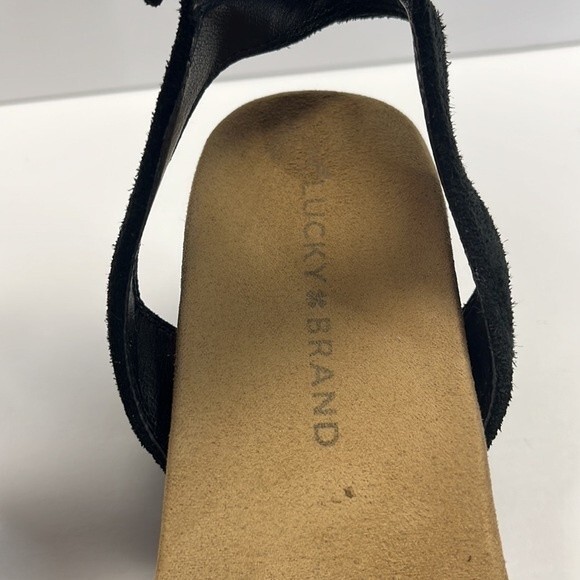 Lucky Brand Kanoa Sandals 7.5 Womens Black Tan Wedge Strappy Leather Open Toe - Picture 13 of 15